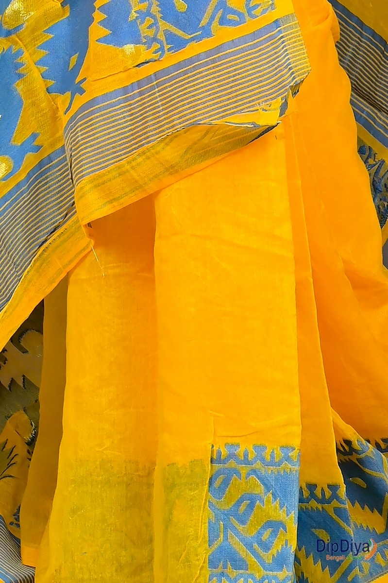 Yellow Blue Cotton Blended Parv Jamdani Saree (562)